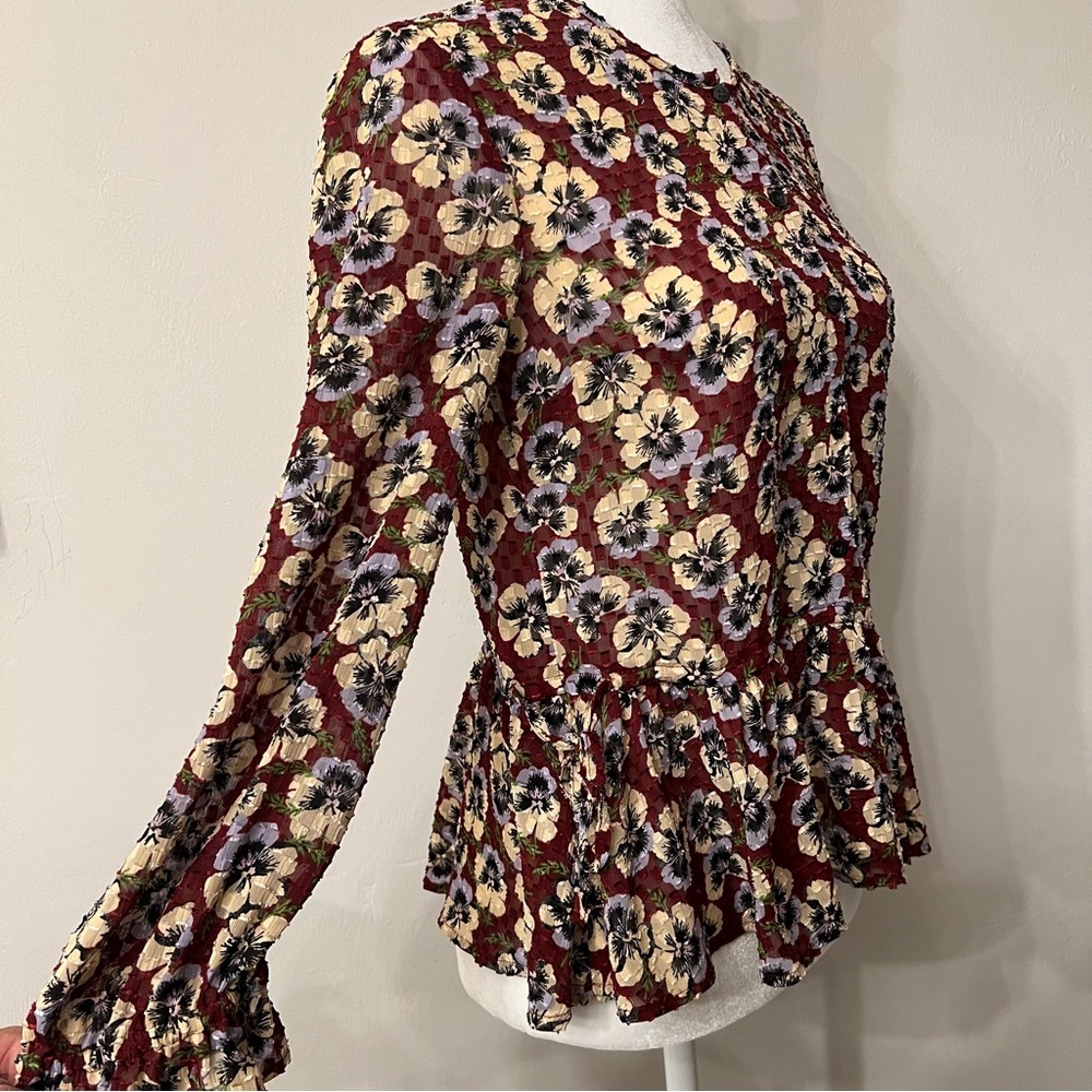 Madewell Drawstring Ruffle-Hem Top in Viola Floral EUC XS Pansy Dusty Burgundy - Picture 7 of 12
